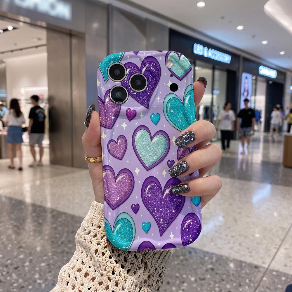 Glitter Purple Blue Heart Wavy Edge Phone Case For iPhone 17 16 15 14 13 12 11 8 7 Plus Pro Max Sparkle Love Soft Cover