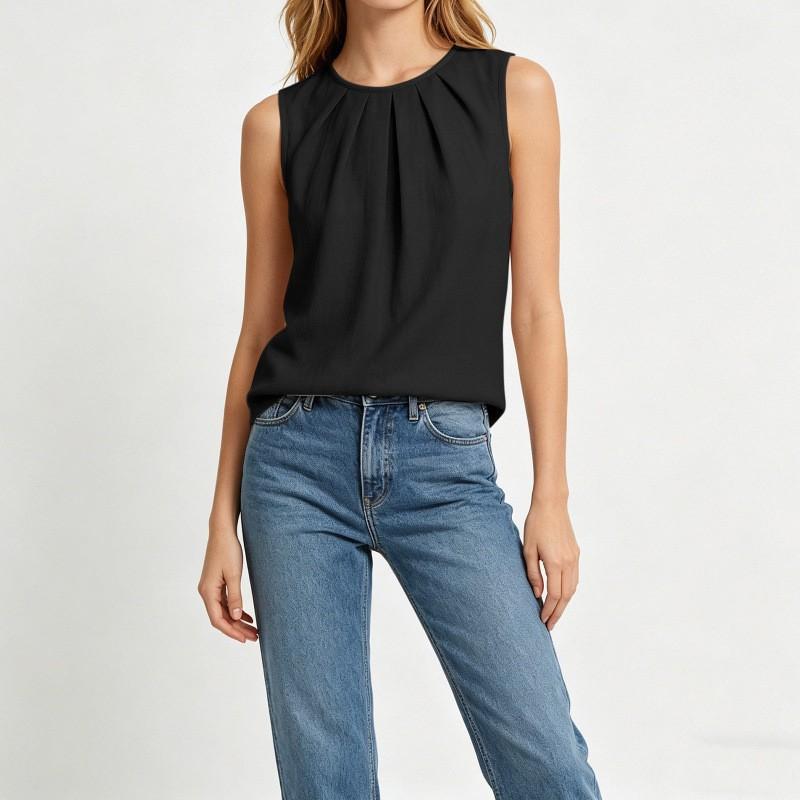 Women S Sleeveless Solid Cotton Linen Casual Round Neck Top S чёрный