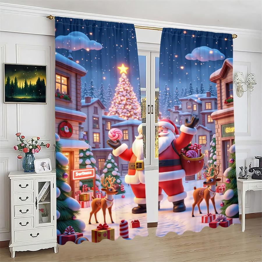 Set Of 2 Christmas Santa Claus Tree Pattern Printed Curtains Decorations Home Room Made Polyester