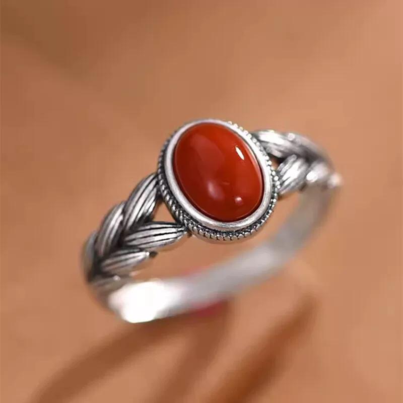 Natural Nanhong Agate Inlaid Wheat Ear Ring Women's New Niche Design Light Luxury Exquisite Retro Index Finger Ring Sterling Silver