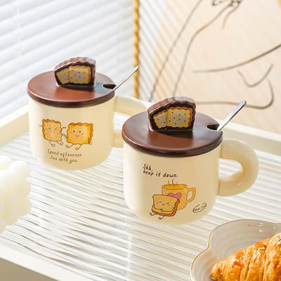 Ceașcă Ceramică Creativă Pâine Uz Casnic Desene Animate Drăguțe Ceașcă Pereche Cupă Apă cu Capac Linguriță Ceașcă Cafea Ceașcă Mic Dejun