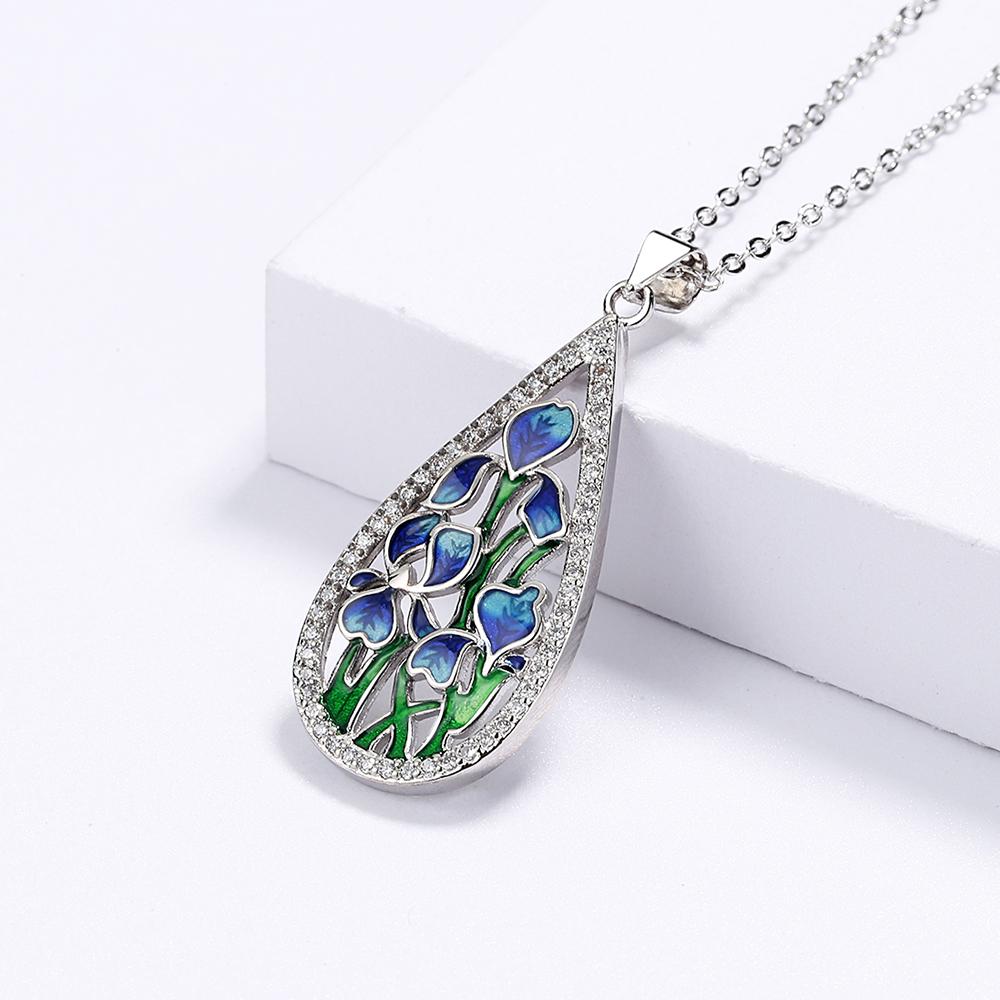925 Fashion Blue Flower Ladies Pendant Necklace Handmade Enamel Jewelry Wedding Birthday Party Pendant Necklace Women's