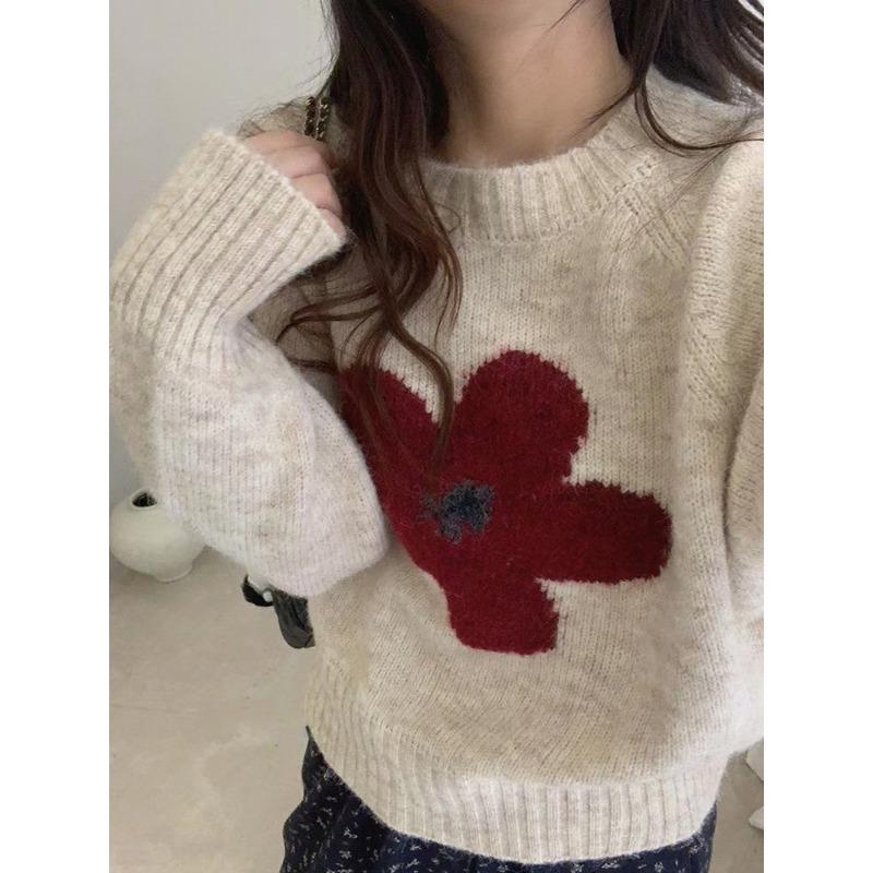 Camel wool flower jacquard crew neck sweater women s autumn and winter new short pullover wool knitted sweater One size fits all 2880₽