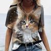 Summer V-neck 3D Kawaii Cat Printed Top Fashionable Casual Short Sleeved Women's T-shirts