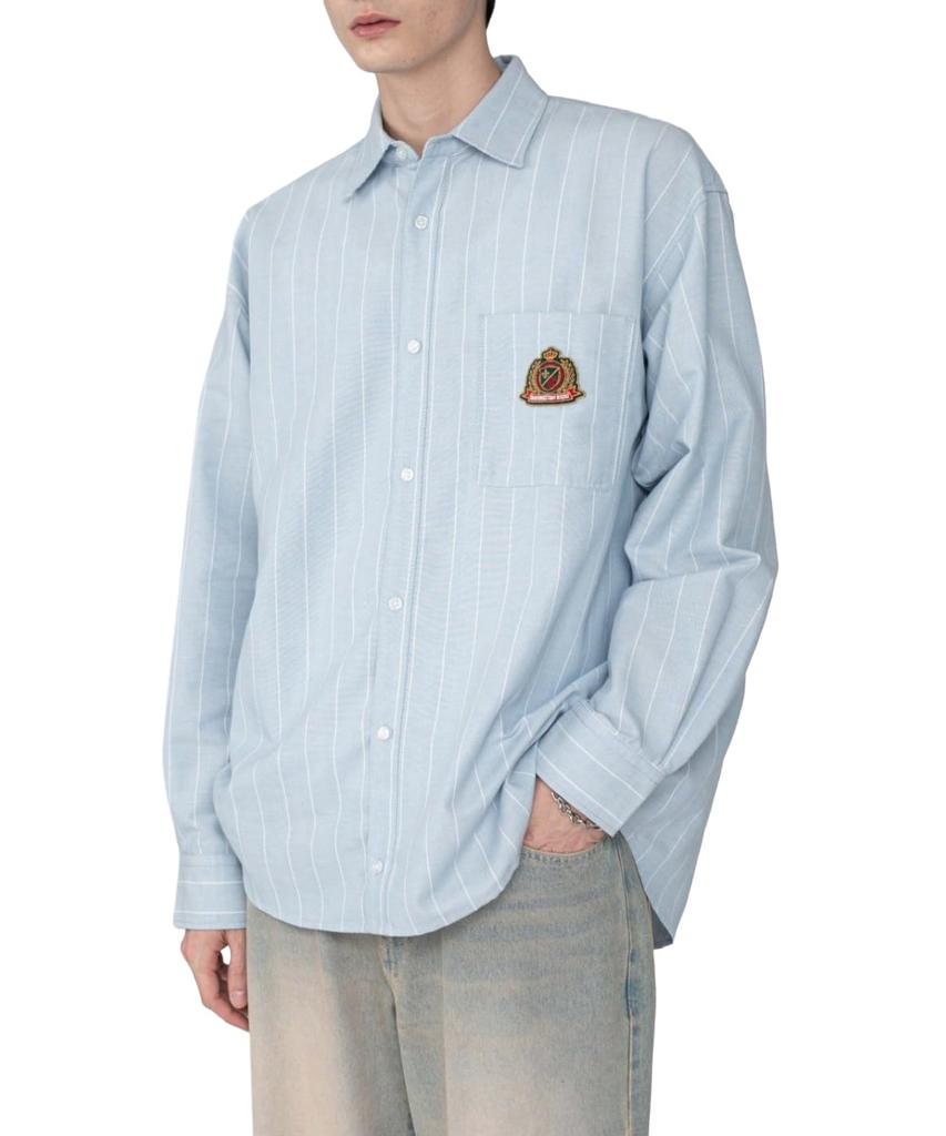 WEGO Blue Striped Oxford Emblem Long Sleeve Perfect for Fall and Size M Men's Shirt, Winter, Casual, Oversized, Gift,