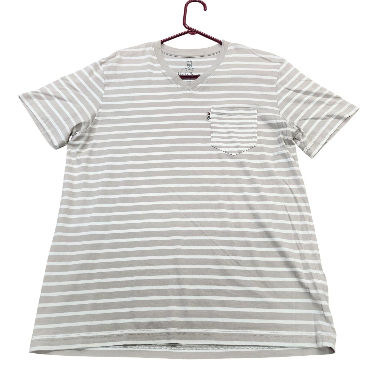 Psycho Bunny Shirt Mens XL Gray Striped V-Neck Pocket Tee Tagless Pima Cotton Unisex T-Shirt XXXL