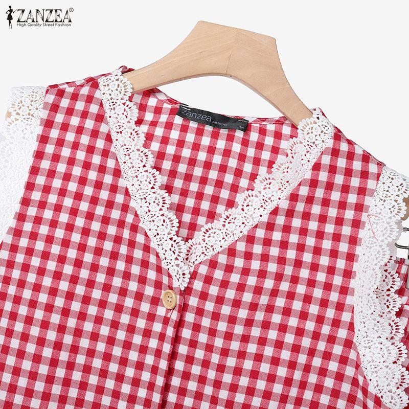 ZANZEA Women Sleeveless Tank Tops and Pants Summer Plaid Print Two Piece Suit Sets