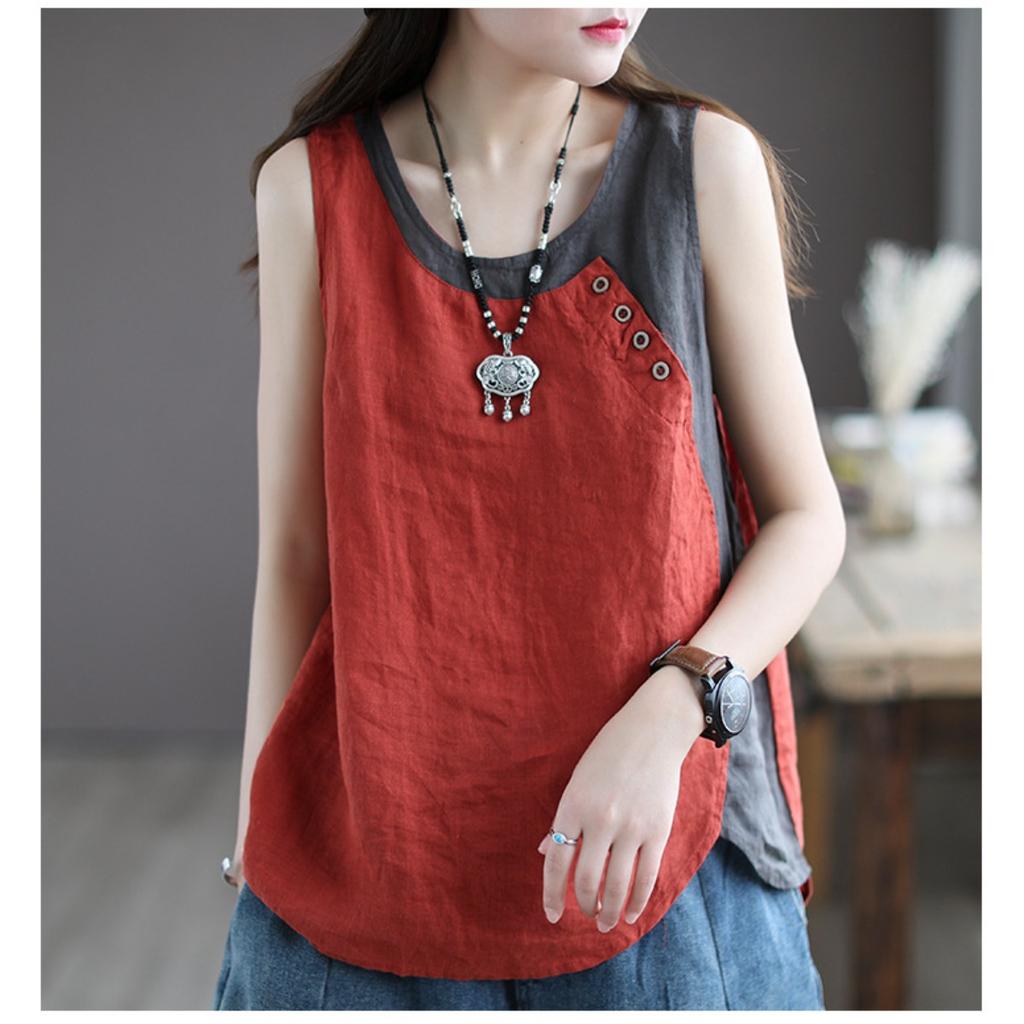 Women's Round Neck Sleeveless Linen Cotton Loose Tank Top Retro Casual Vest