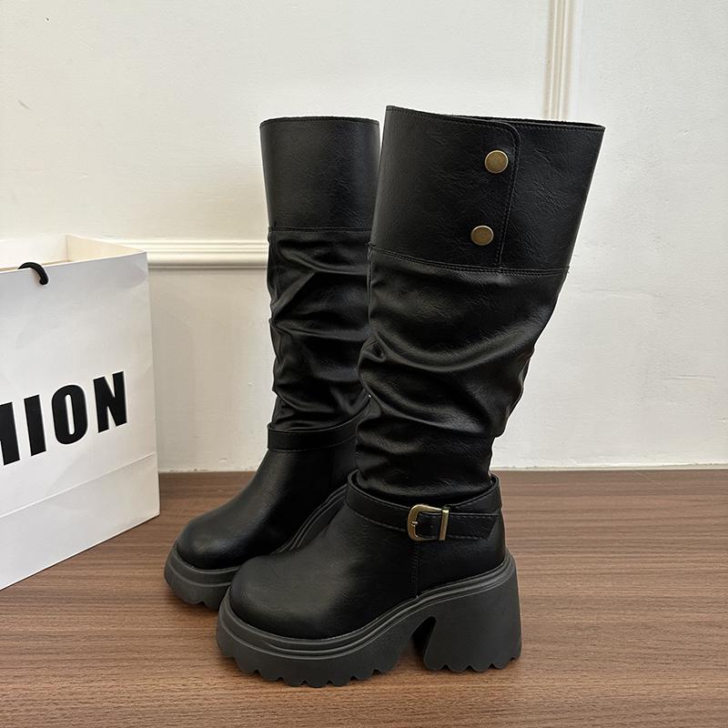 Fashion Winter Vintage Platform Pleated Woman Knight Boots Fashion Belt Buckle Punk Square Heels Long Booties