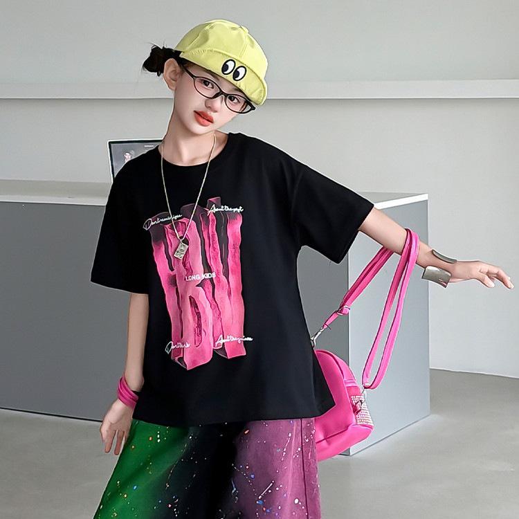 Girls' Summer 2026 Wide-Leg Pants & Loose T-shirt Set - Trendy Printed Design for Medium & Large Kids