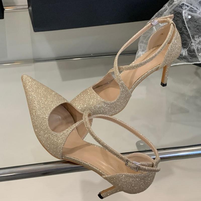 Eilyken Paillettenstoff Pumps für Damen mit spitzer Zehenpartie, elegantem Schnallenriemen und dünnen hohen Absätzen, Party Ball Mules Schuhe