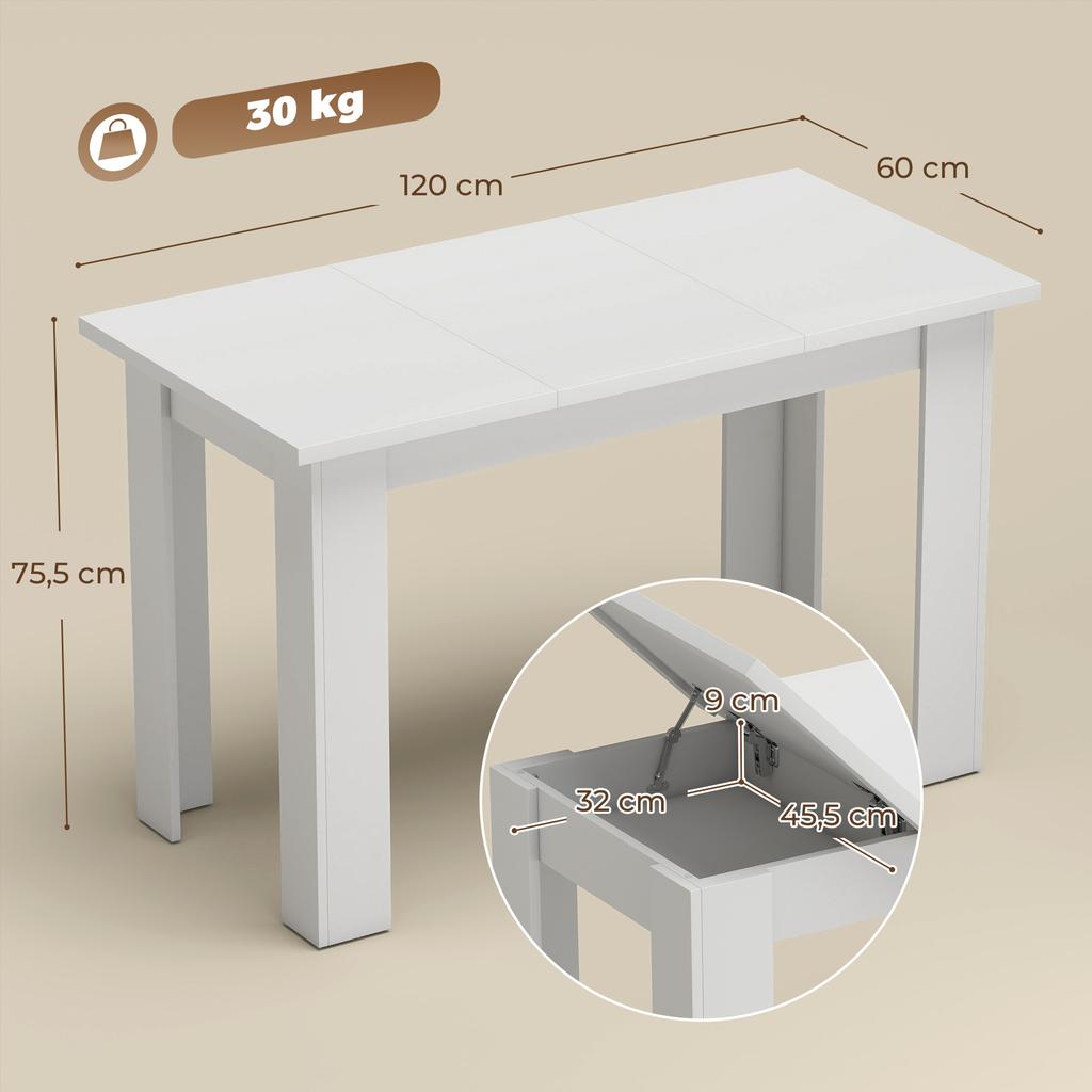 Dining Table for 4, Lift-Top, Hidden Storage, 120 x 60 x 75.5 cm, White