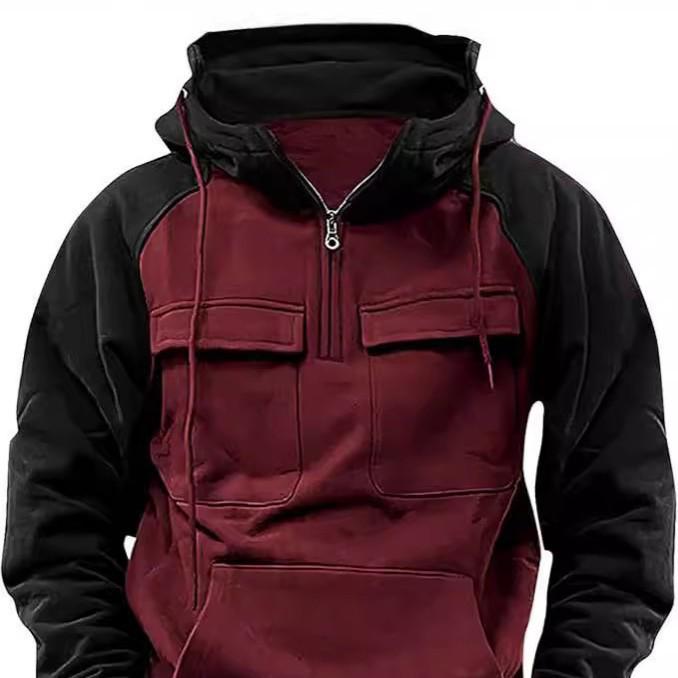 European-American Raglan Sleeve Half-Zip Men's Multi-Pocket Workwear Hoodie