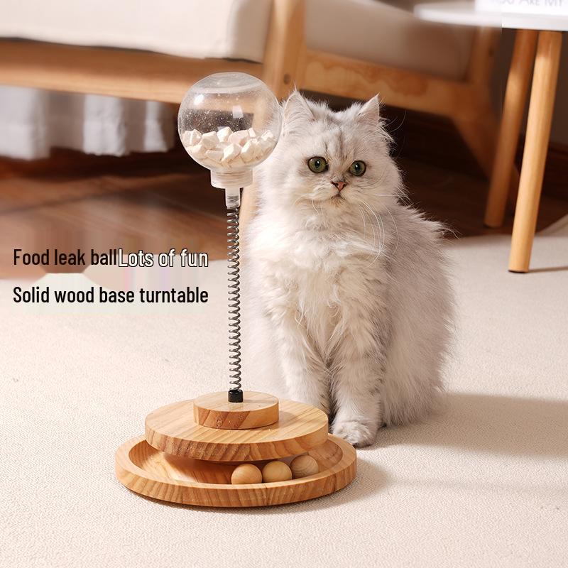 Solid Wood Rotating Catnip Ball and Teaser Wand Set - Cat Food Dispenser & Toy