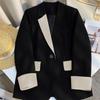 Trendy Slim Fit Black Blazer Spring Autumn Casual Chinese Style Contrast Suit Jacket