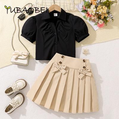 Girls Teen Suit Children Clothing Summer Preppy Style Student Uniform Puff Sleeve Shirt + Bow Pleated Skirt Two Pieces Sets