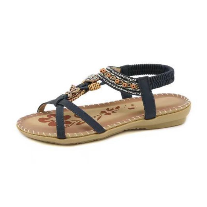 Women Bohemian Beaded Flat Sandals Ethnic Style Elastic Back Strap Sandals