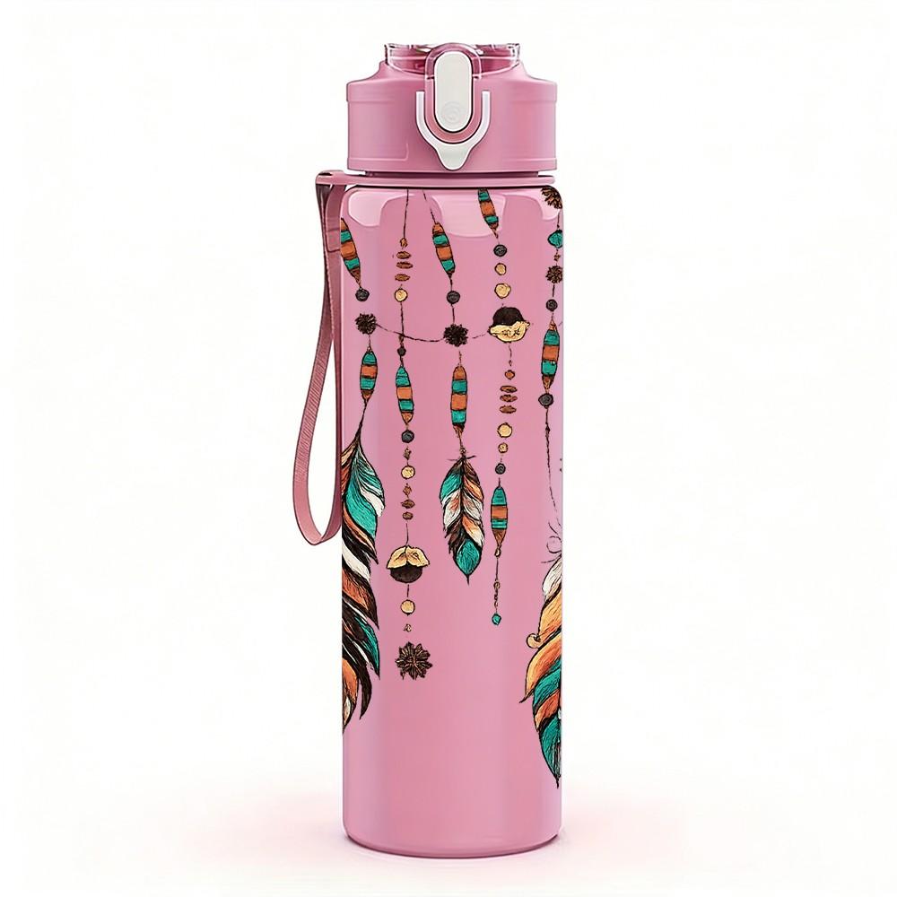 1PC Tribal Feather Bead Boho Decoration Print 750ml Color Plastic Sports Water Bottle Leakproof Flip Straw Lid Suitable for Sports Office Home Use