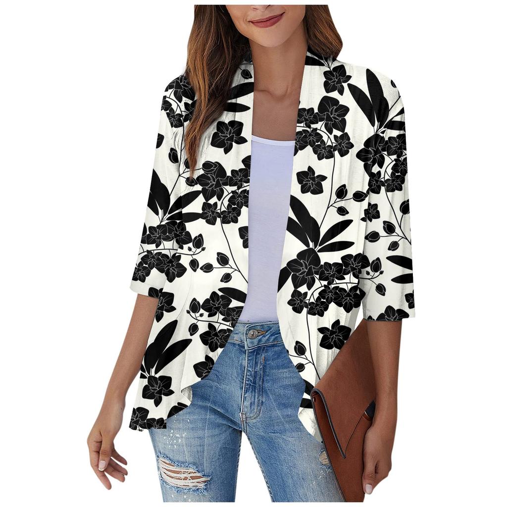 Women's Light And Thin Coat, Three-quarter Sleeve Printed Ruffled Cardigan