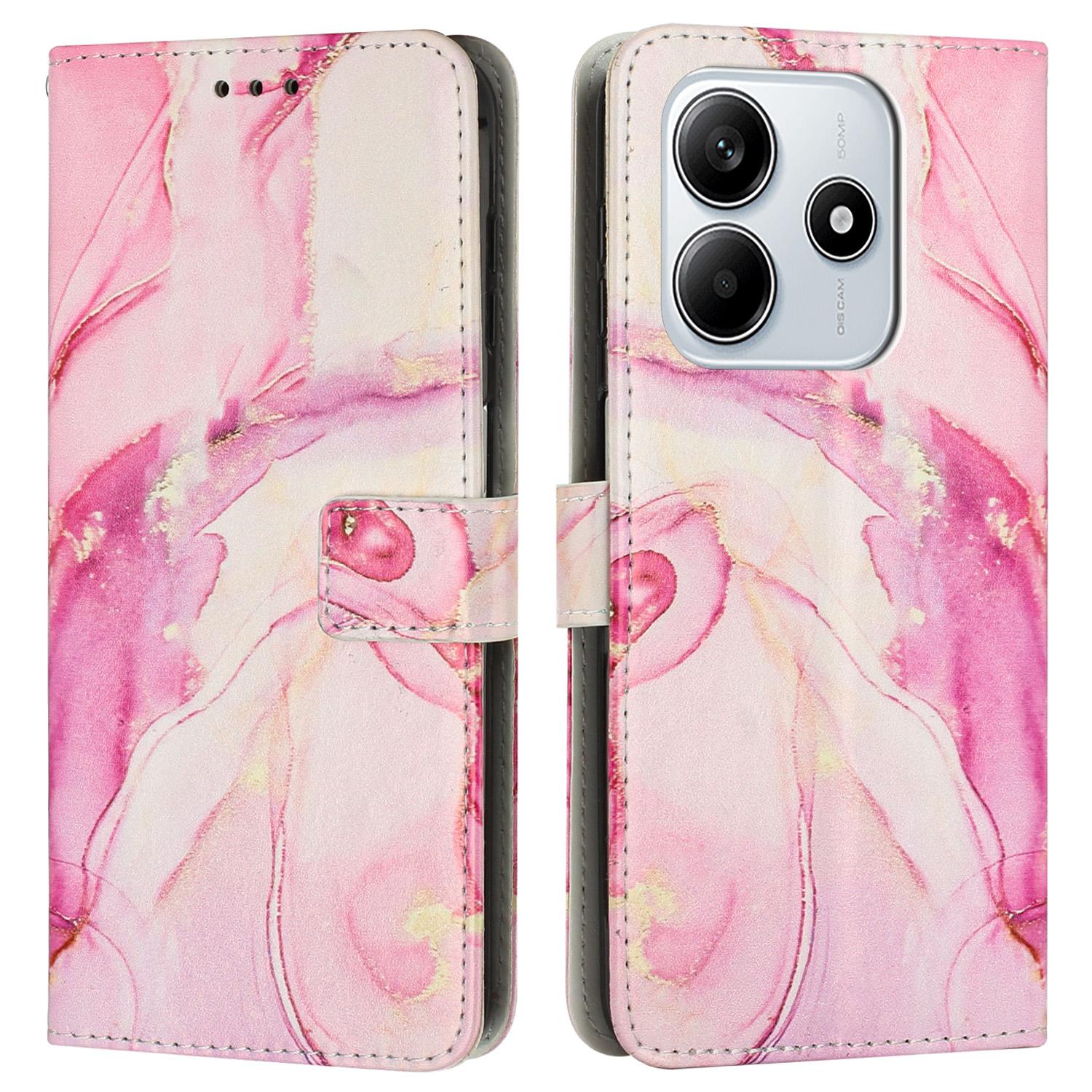 

For Xiaomi Redmi Note 14 5G Stand Case Marble Pattern PU Leather Wallet Phone Cover with Wrist Strap E
