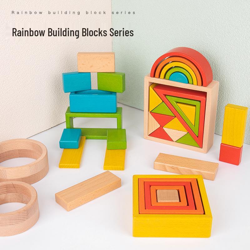 Beechwood Rainbow Stacking Blocks: Educational Toy for Color and Shape Recognition in Kindergarten Children