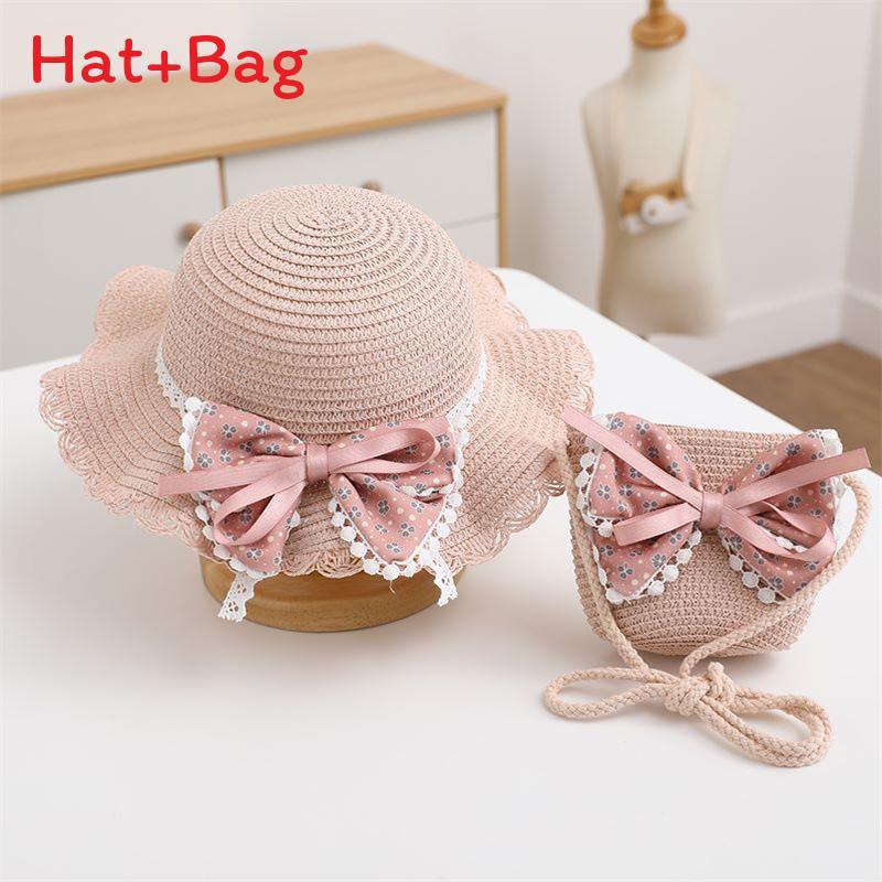 Childrens Summer Straw Hat And Bag Set With Wide Brim Sun Protection For Girls