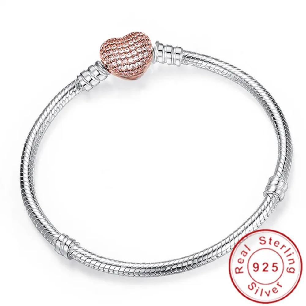 Handmade 925 Silver Pan Bracelets for Women Heart Snake Chain Bangle DIY Jewelry Fit Beads Big Sale