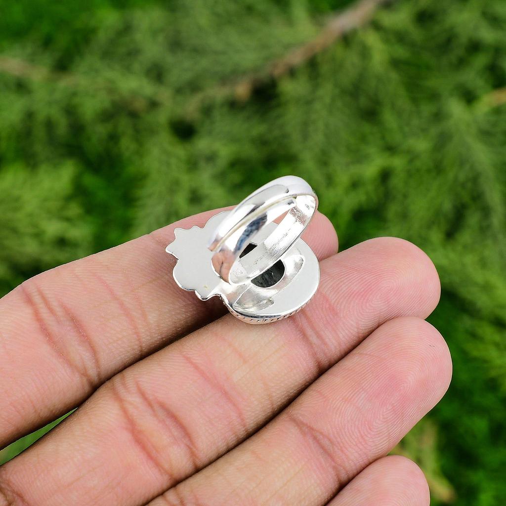 Natural Silver Leaf Jasper Solitaire Flower Adjustable Ring 925 Silver For Women