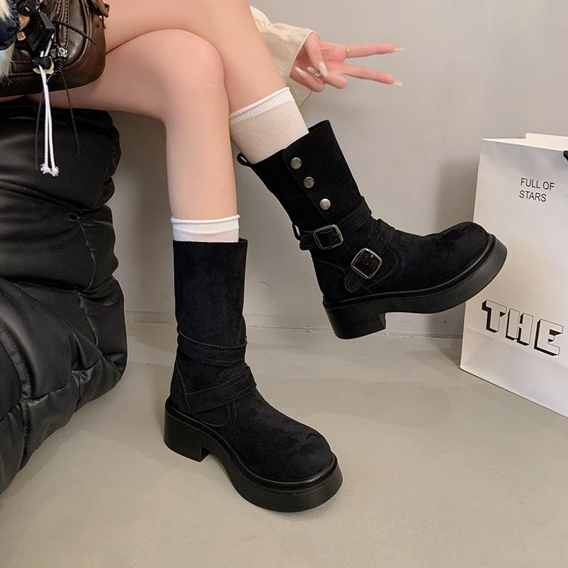 Women's Belt Buckle Fashion Hundred Soft Elastic Comfortable Ankle Boots Shock Absorbing Anti-slip Casual Sports Martin Boots