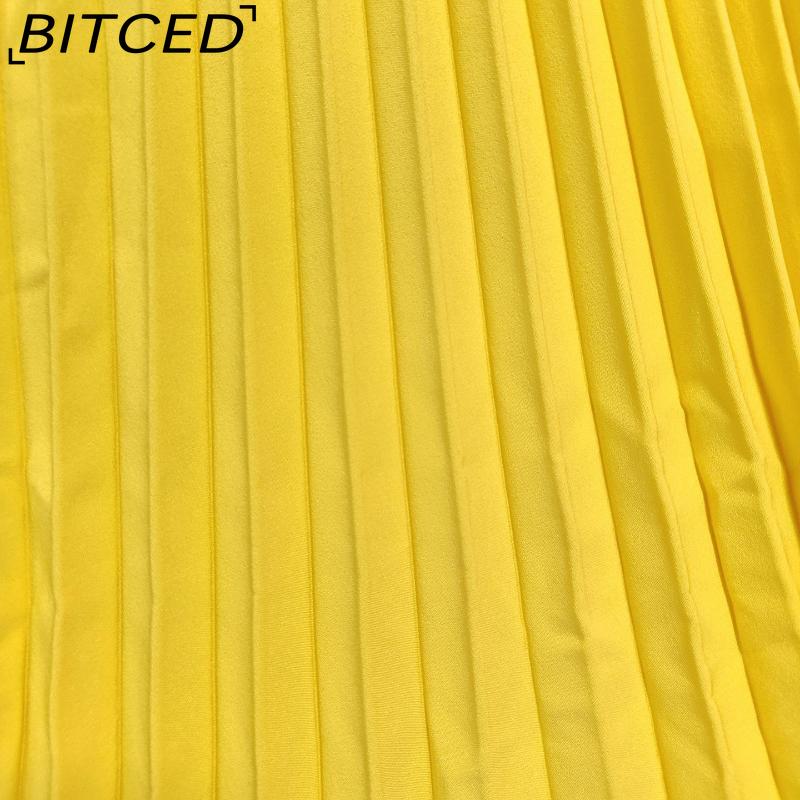 BITCED Herbst Damen Elegantes Mode O-Ausschnitt Ärmelloses Plissee Maxikleid