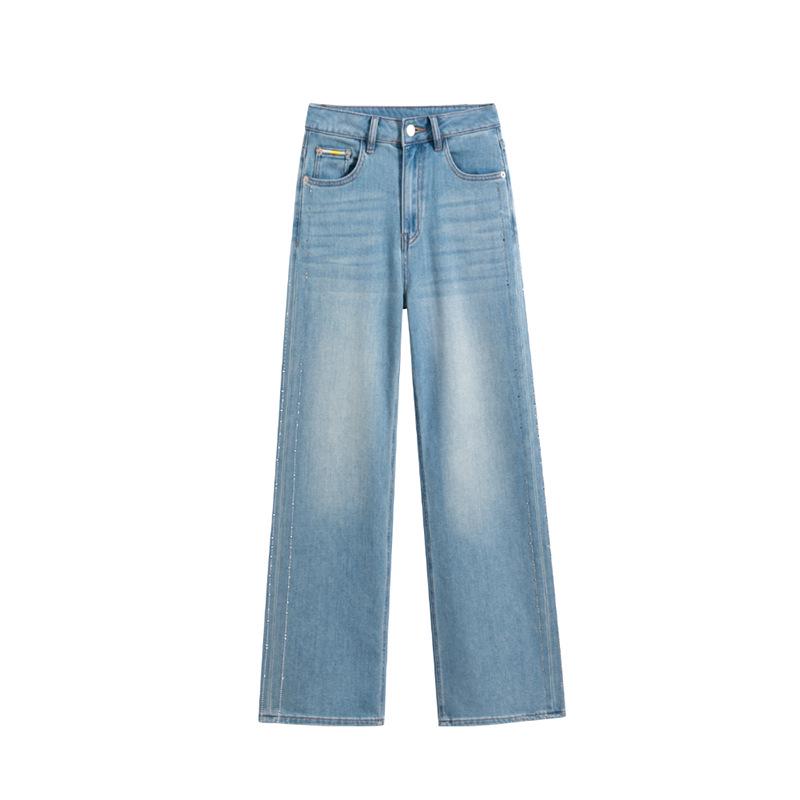 Li Shaonü Women's High-Waisted Rhinestone Wide-Leg Jeans, 2026 Summer Loose Slimming Drape Straight Pants