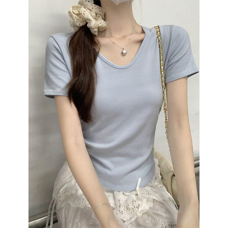 

Белая футболка с V-образным вырезом и короткими рукавами для женщин, летняя новинка, облегающая и универсальная, корейский маленький короткий топ XL синий