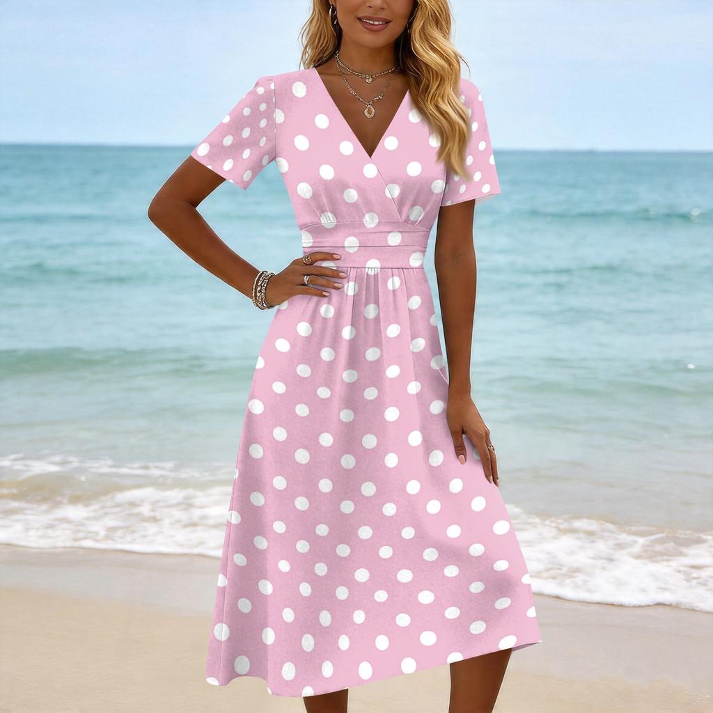 Women Casual Polka Dot Print V Neck Short Sleeve Midi Dress Loose Fit Summer Fashion Lightweight Dress for Daily Wear