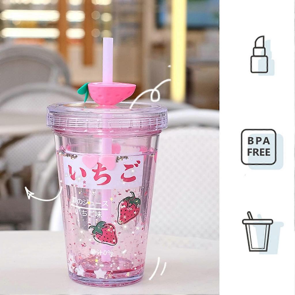 11.2oz Cute Water Bottle With Straw, Glitter Double Wall Water Bottle With Straw Kawaii Cup Strawberry Water Bottle Kawaii Cups