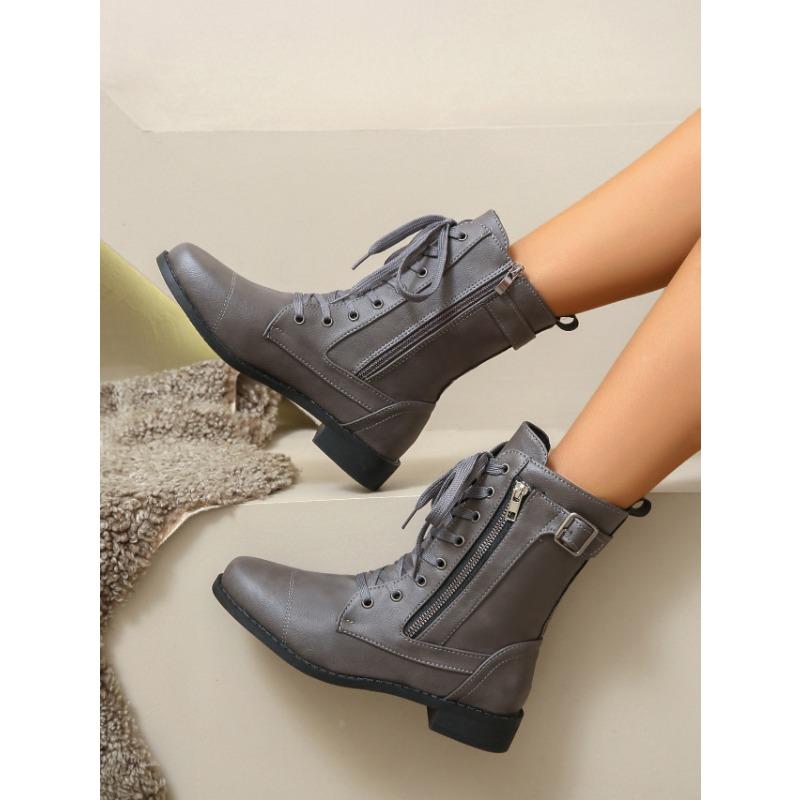 Martin Boots Autumn and Winter Flat Large Size Belt Buckle Low Heel Short Boots Women