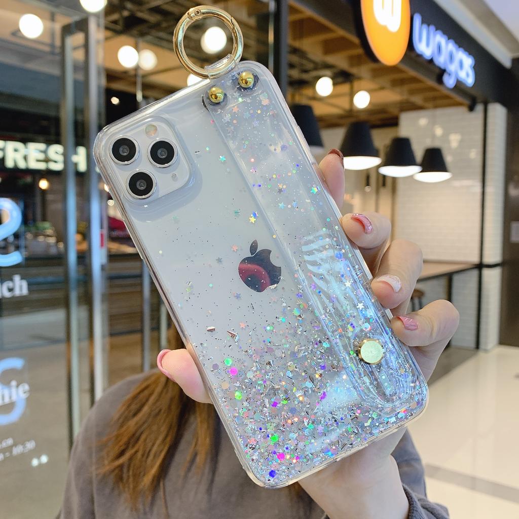Glitter Shiny Star Sequins Wrist Strap Stand Case For iPhone 16 15 14 13 12 11 Pro Max Plus Mini XS XR X 87 Clear Silicone Cover
