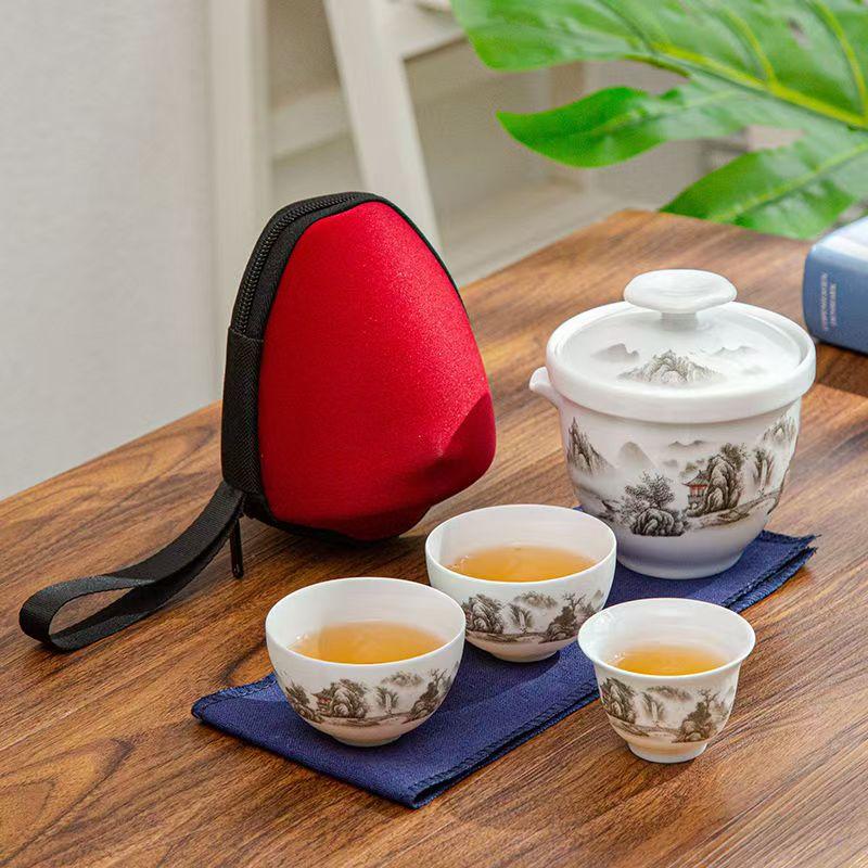 Set da Tè Kung Fu Cinese Set Teiera Portatile in Ceramica Tazze da Tè Gaiwan da Viaggio Tazza da Tè Cerimonia del Tè Tazza da Tè Bel Regalo con Borsa da Viaggio
