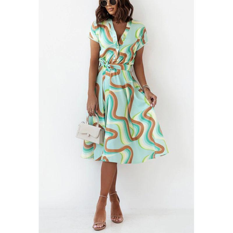 Printed Waist Dress Women's Clothing Summer Fashion Style Fashion Temperament Printed Short Sleeve V Neck Dress