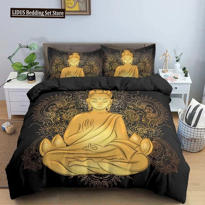 Buddha Bedding Set Indian Religion Buddhism Meditation Mandala Duvet Cover Smile Buddha Floral Soft Quilt Cover Queen King Size
