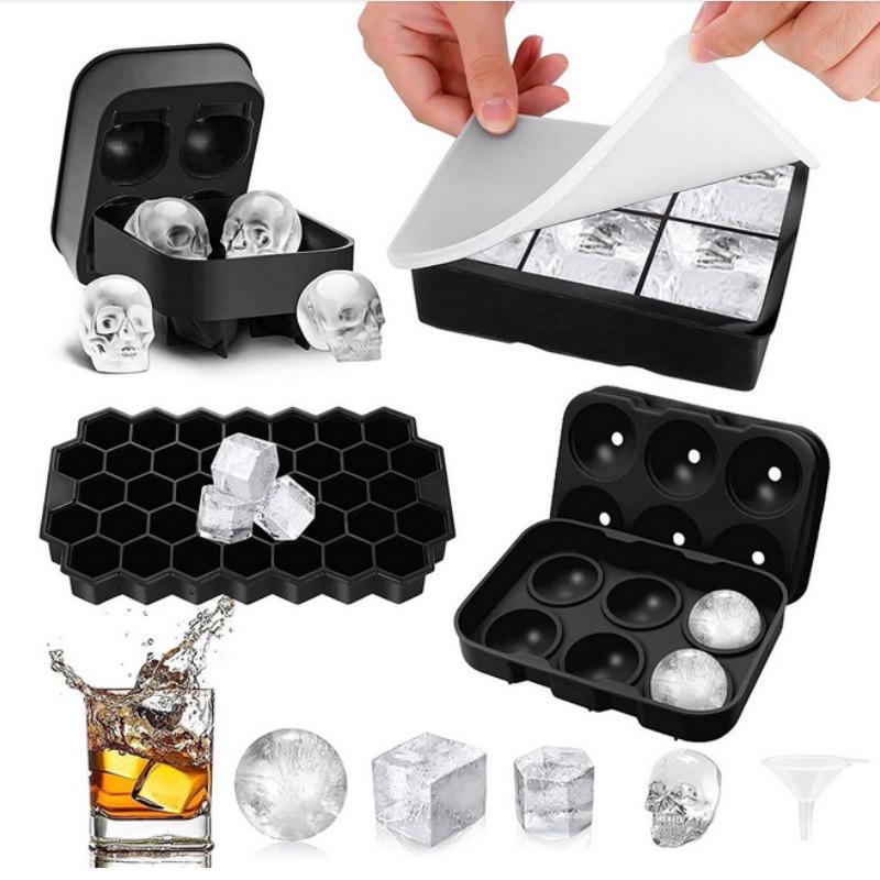 Silicone Ice Cube Mold Set: Long Strip, 6 Squares, 6 Balls, 15 Grids, 37 Grids, Skull Shapes with Lid.