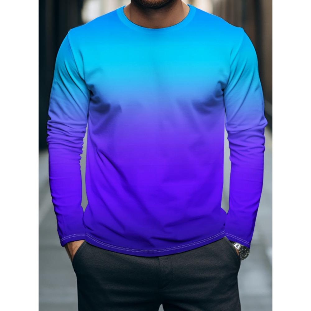 Autumn Casual Men's Long Sleeve T-Shirt Men's Fashion Tops Gradient Pattern Tees Crew Neck T-Shirt Outdoor Daily Clothes for Men