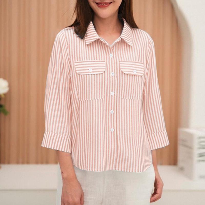 ZANZEA Women Turn Down Collar Loose Casual 3/4 Sleeve Stripe Blouse