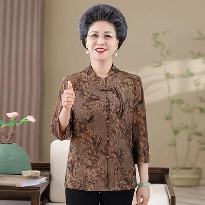 Chinese Style Mandarin Collar Blouse for Middle-aged Women Elegant Printed Half-sleeve Casual Top