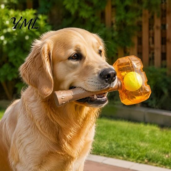 Dog Chew Toys for Medium Large Dogs 2Pcs Squeaky Hammer with Tennis Ball Inside, Interactive Fetch Toys, Unique Shaped Toy Rubber Indoor Outdoor Play