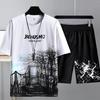 2Pcs/Set O-Neck Short Sleeve Elastic Waistband Casual Outfit Pockets Ice Silk Men Gradient Color Letter Print T-shirt Wide Leg Shorts Set Streetwear