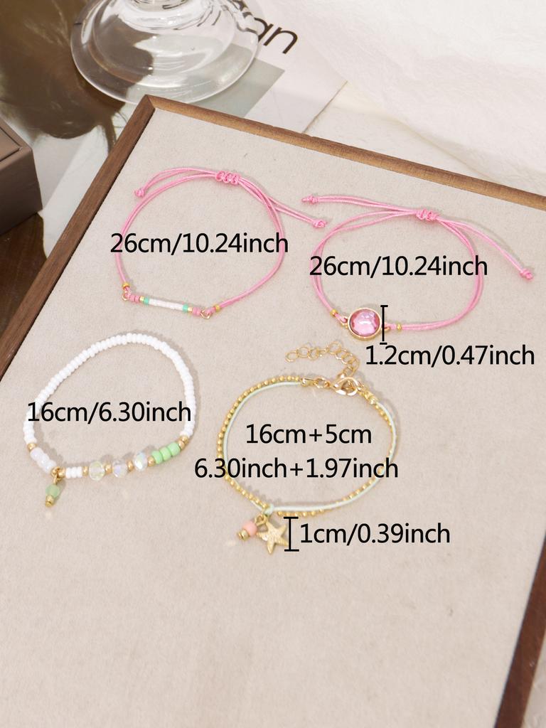 4pcs Fashionable Women's Bracelet Set Exquisite Colorful Bead Faux Handmade Rope Pendant Stackable Gift for Best Friend Holiday