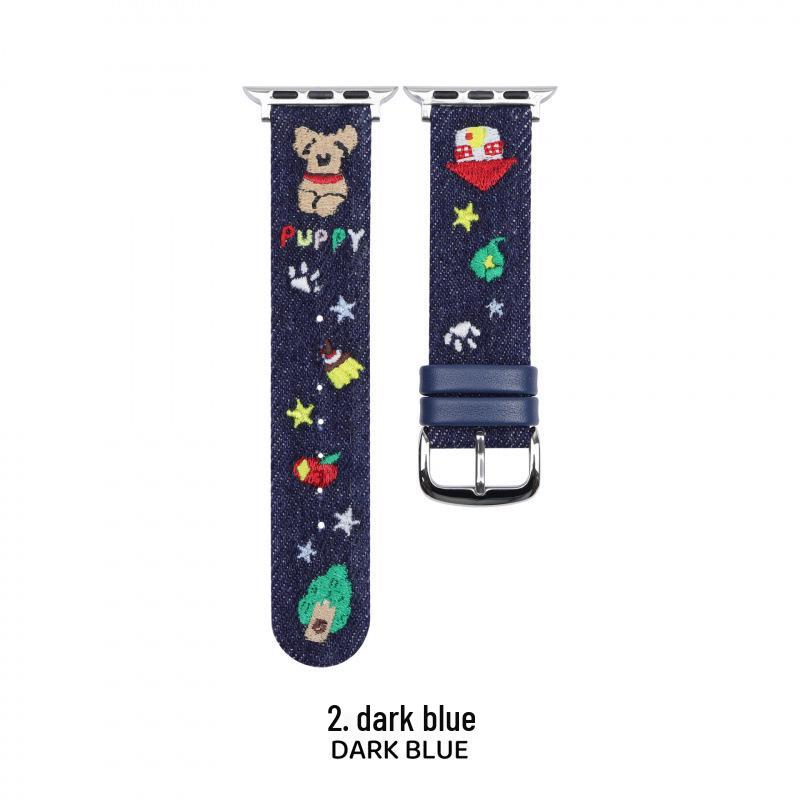 

Puppy Embroidery Denim Strap for Apple Watch 11, iWatch SE, Huawei Fit 4 Pro & Xiaomi For Huawei Fit 3/4/4 Pro темно-синього кольору