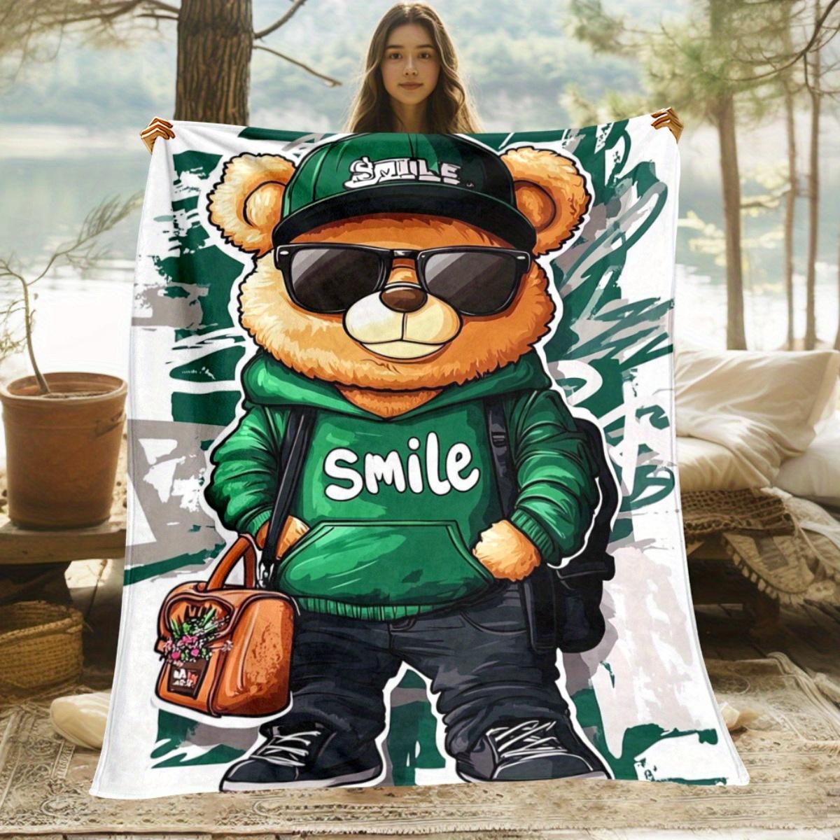 

1pc Cool Bear Smile Hoodie Fleece Blanket Cartoon Animal Print Soft Throw Cover Bedroom Decor Gift for Kids and Teens 75x100cm (30x40inch)