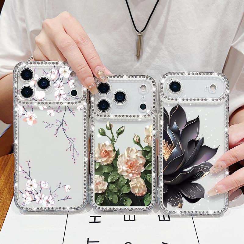 Flower Print Shockproof TPU Case For iPhone 17 Pro Max 16e 16 15 14 13 15 Pro 17 TPU Bling Diamond Soft Silicone Phone Cover