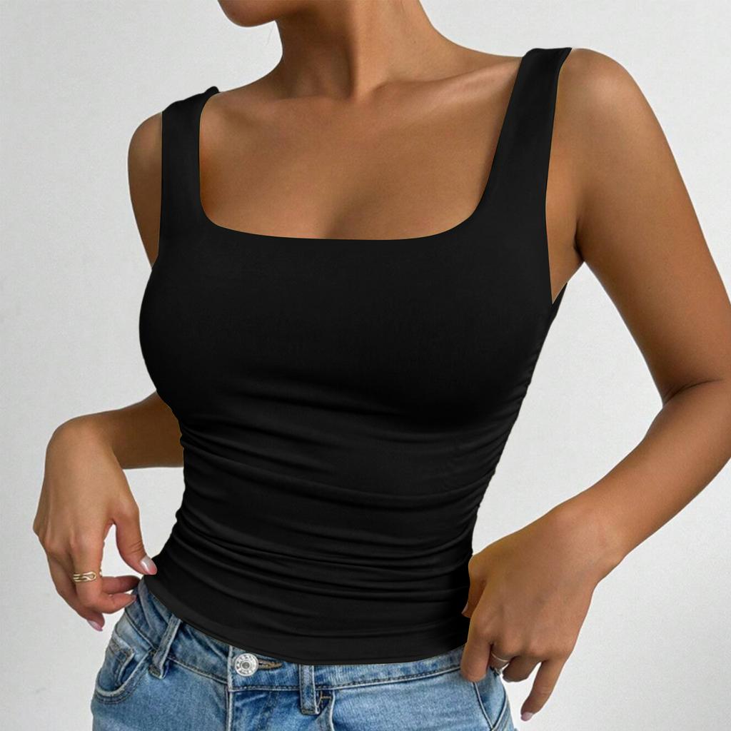 Women Sleeveless Tank Top Square Neck Casual Slim Fit Stretchy Ribbed Knit Summer Basic Layering Camisole Shirt